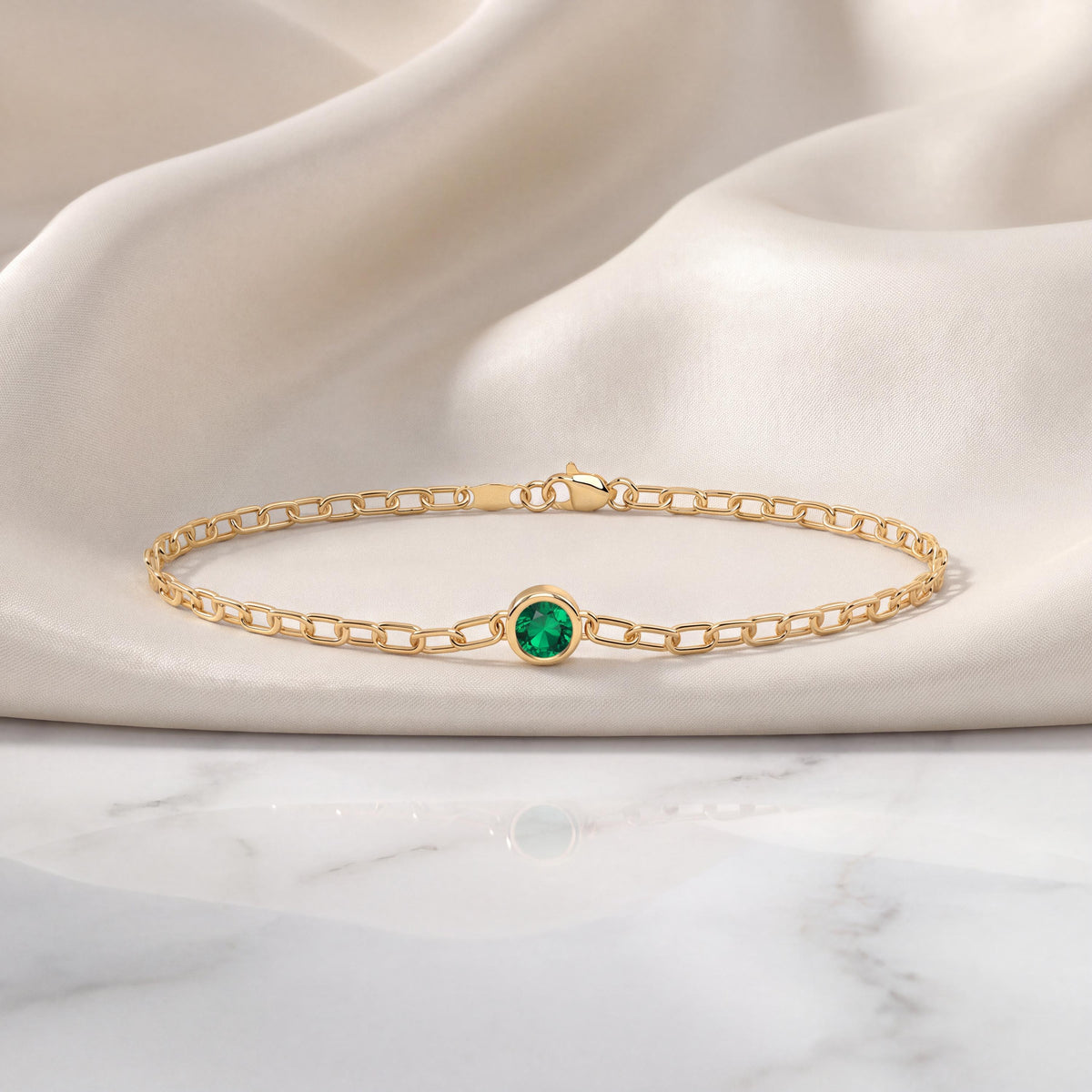 Round Brilliant Cut Solitaire Bezel Set Emerald 14K Solid Gold Paperclip Link Bracelet