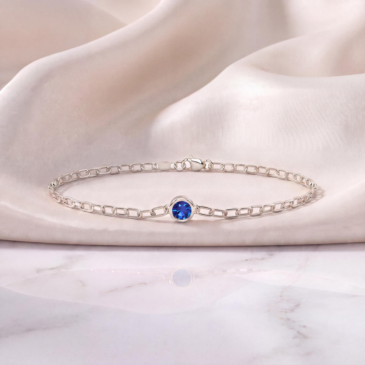 Round Brilliant Cut Solitaire Bezel Set Sapphire 14K Solid Gold Paperclip Link Bracelet