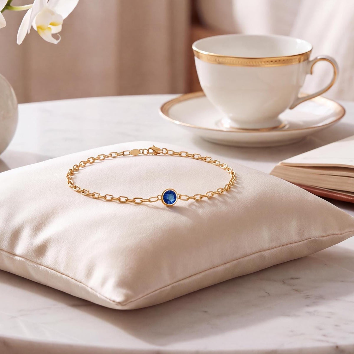 Round Brilliant Cut Solitaire Bezel Set Sapphire 14K Solid Gold Paperclip Link Bracelet