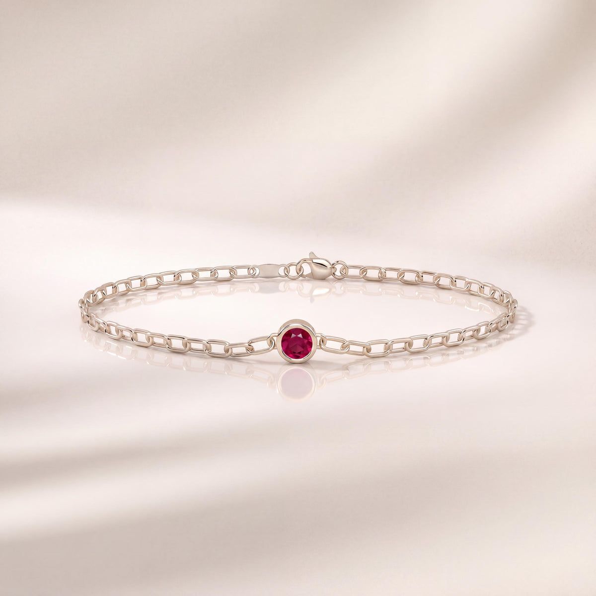 Round Brilliant Cut Solitaire Bezel Set Ruby 14K Solid Gold Paperclip Link Bracelet