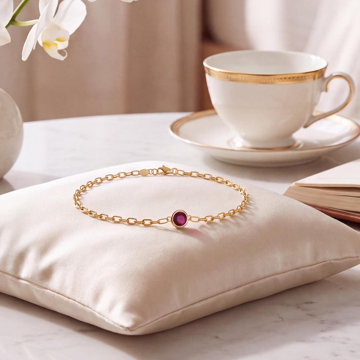 Round Brilliant Cut Solitaire Bezel Set Ruby 14K Solid Gold Paperclip Link Bracelet