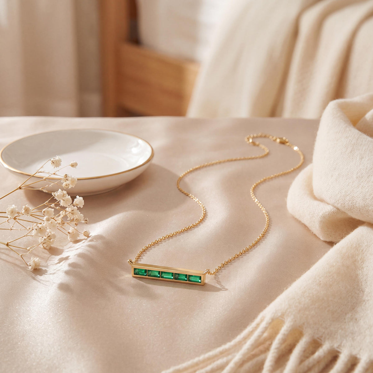 Baguette Emerald Dainty Bar Channel Set 14K Solid Gold Pendant Necklace