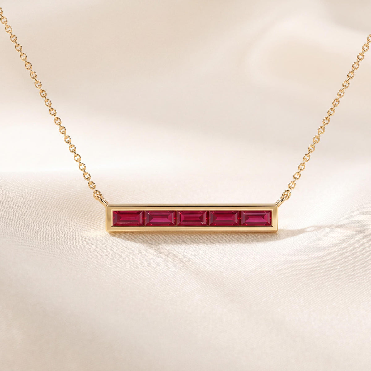 Baguette Ruby Dainty Bar Channel Set 14K Solid Gold Pendant Necklace