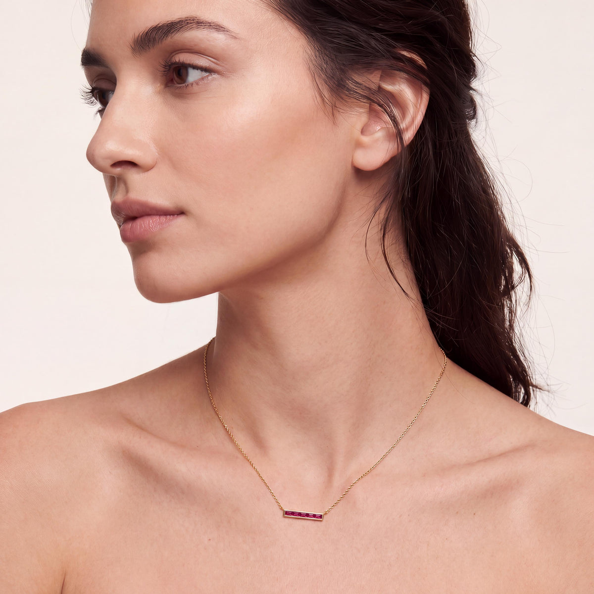 Baguette Ruby Dainty Bar Channel Set 14K Solid Gold Pendant Necklace