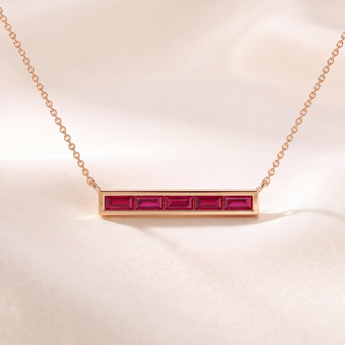 Baguette Ruby Dainty Bar Channel Set 14K Solid Gold Pendant Necklace