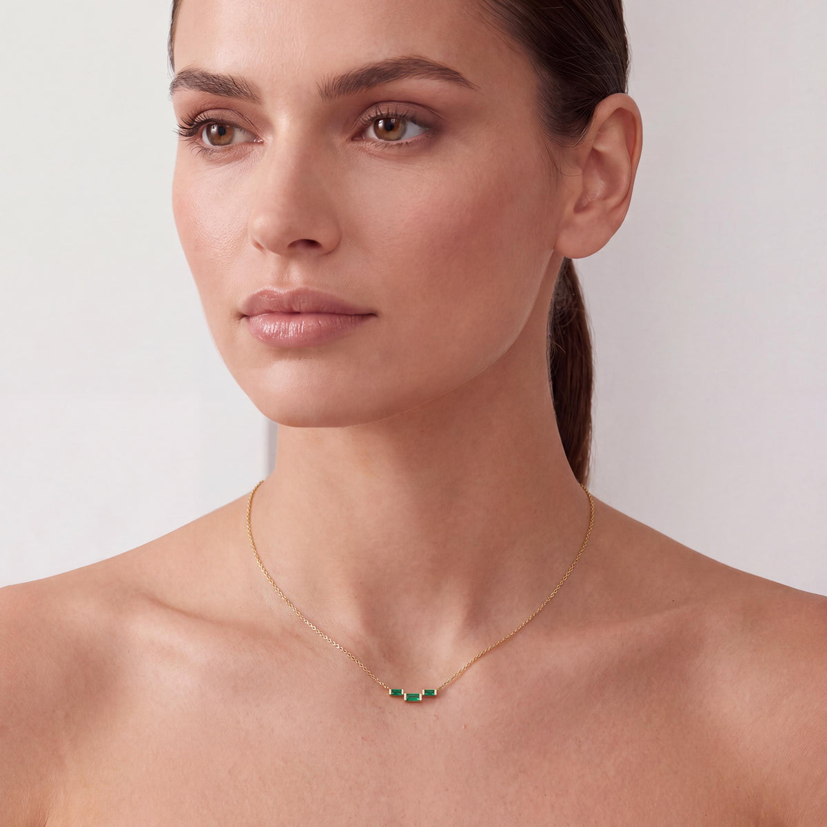 3 Stone Baguette Emerald Dainty Bar Set 14K Solid Gold Pendant Necklace