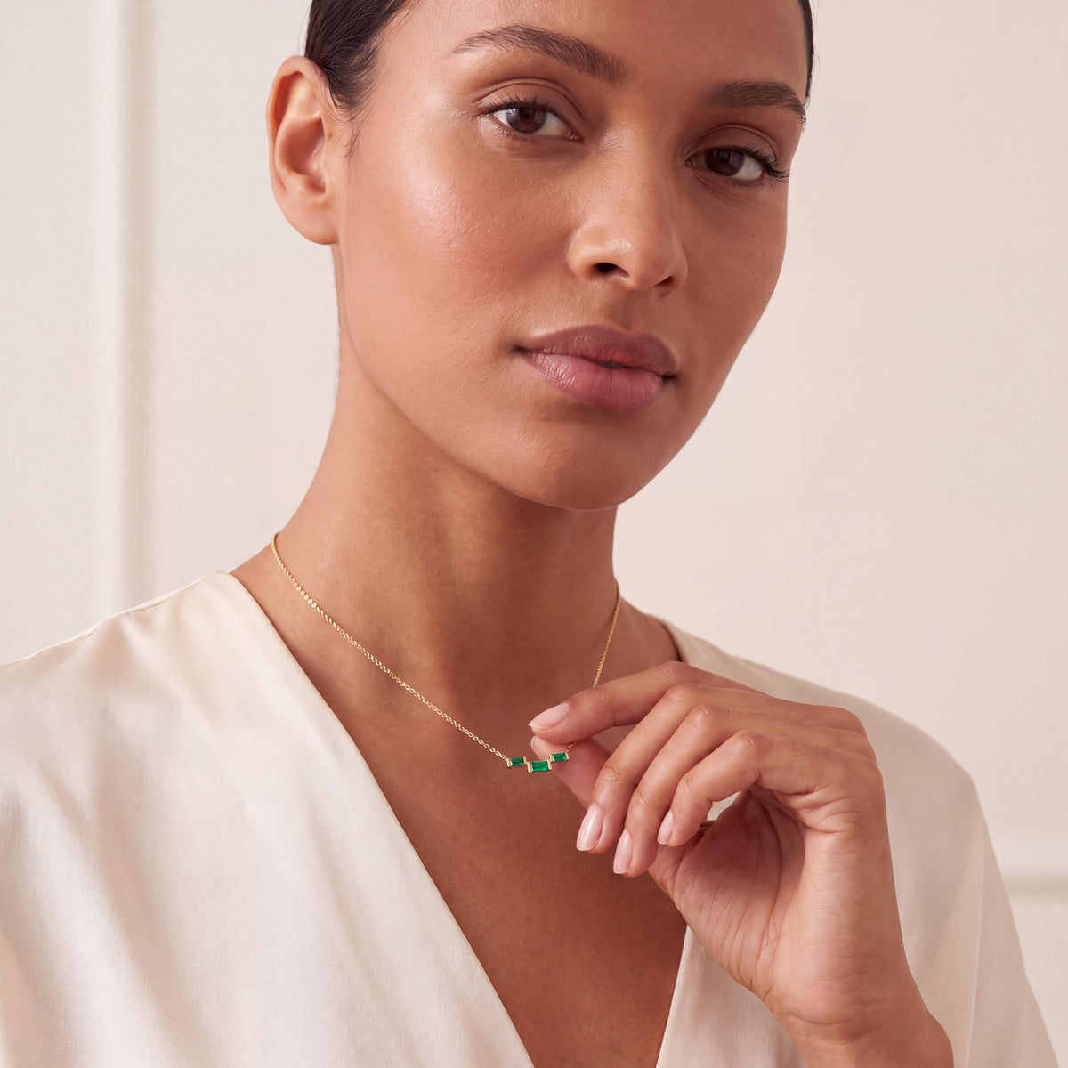 3 Stone Baguette Emerald Dainty Bar Set 14K Solid Gold Pendant Necklace
