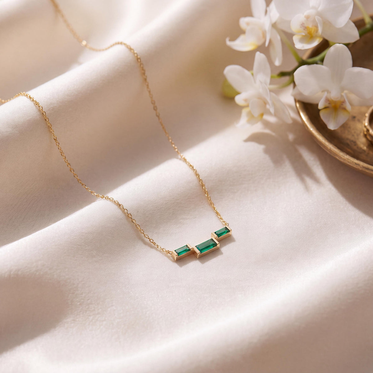 3 Stone Baguette Emerald Dainty Bar Set 14K Solid Gold Pendant Necklace