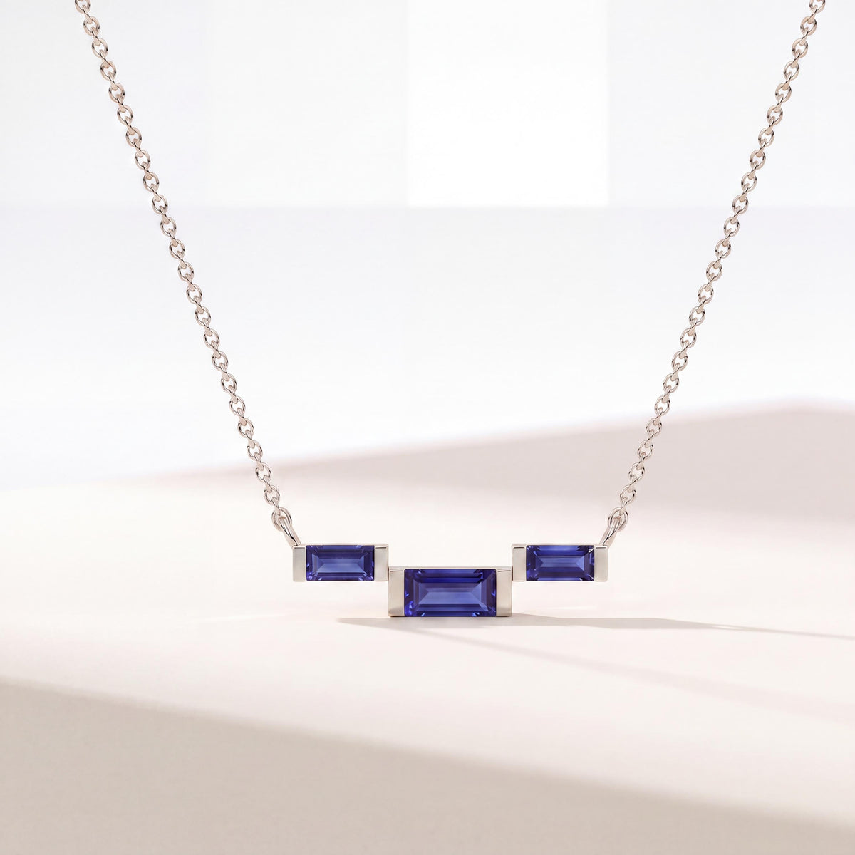 3 Stone Baguette Sapphire Dainty Bar Set 14K Solid Gold Pendant Necklace