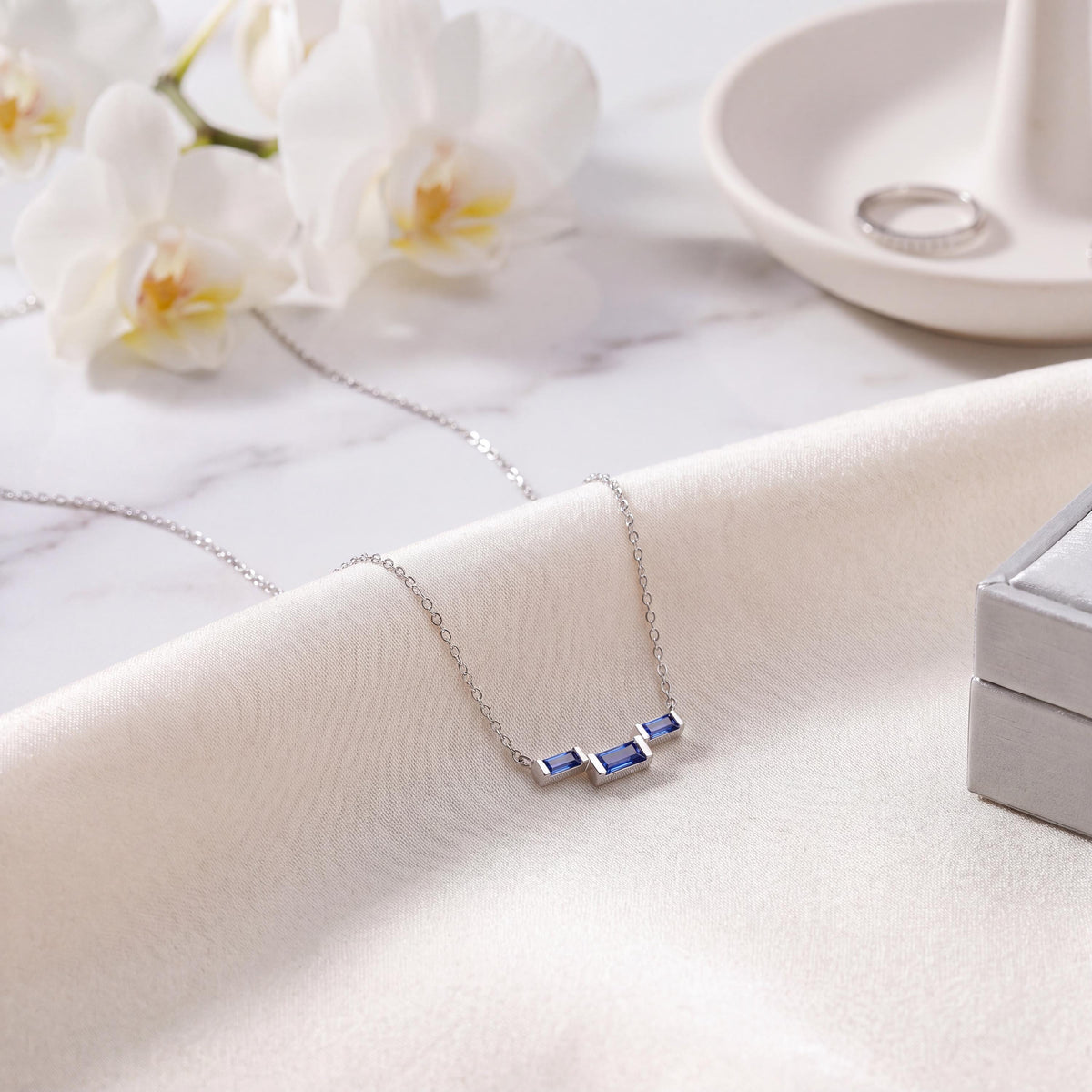 3 Stone Baguette Sapphire Dainty Bar Set 14K Solid Gold Pendant Necklace