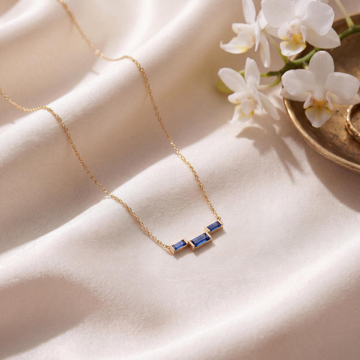 3 Stone Baguette Sapphire Dainty Bar Set 14K Solid Gold Pendant Necklace