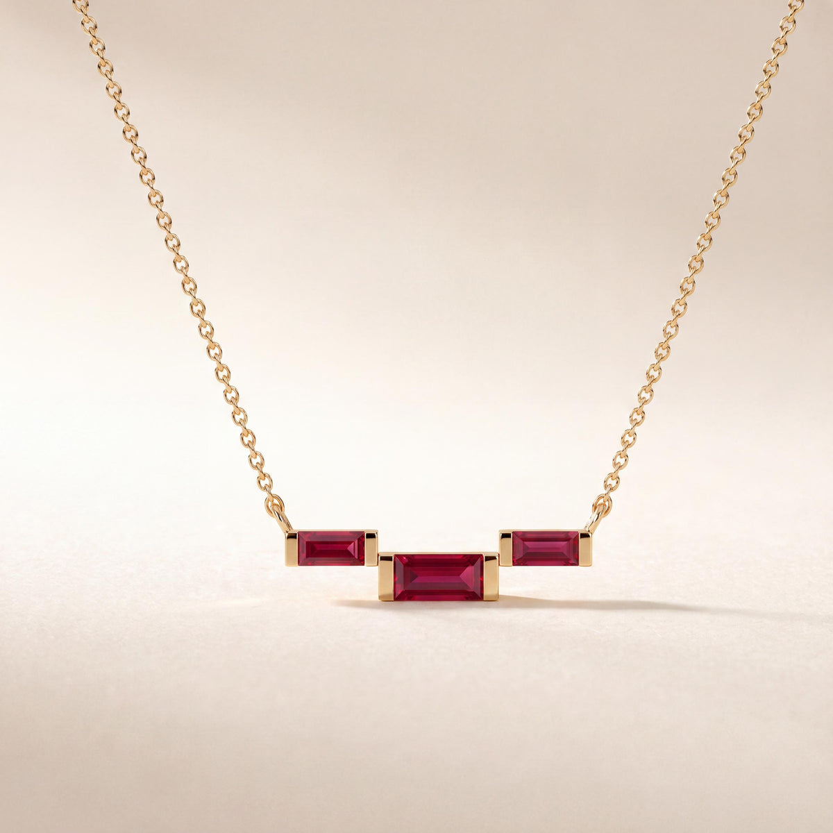 3 Stone Baguette Ruby Dainty Bar Set 14K Solid Gold Pendant Necklace