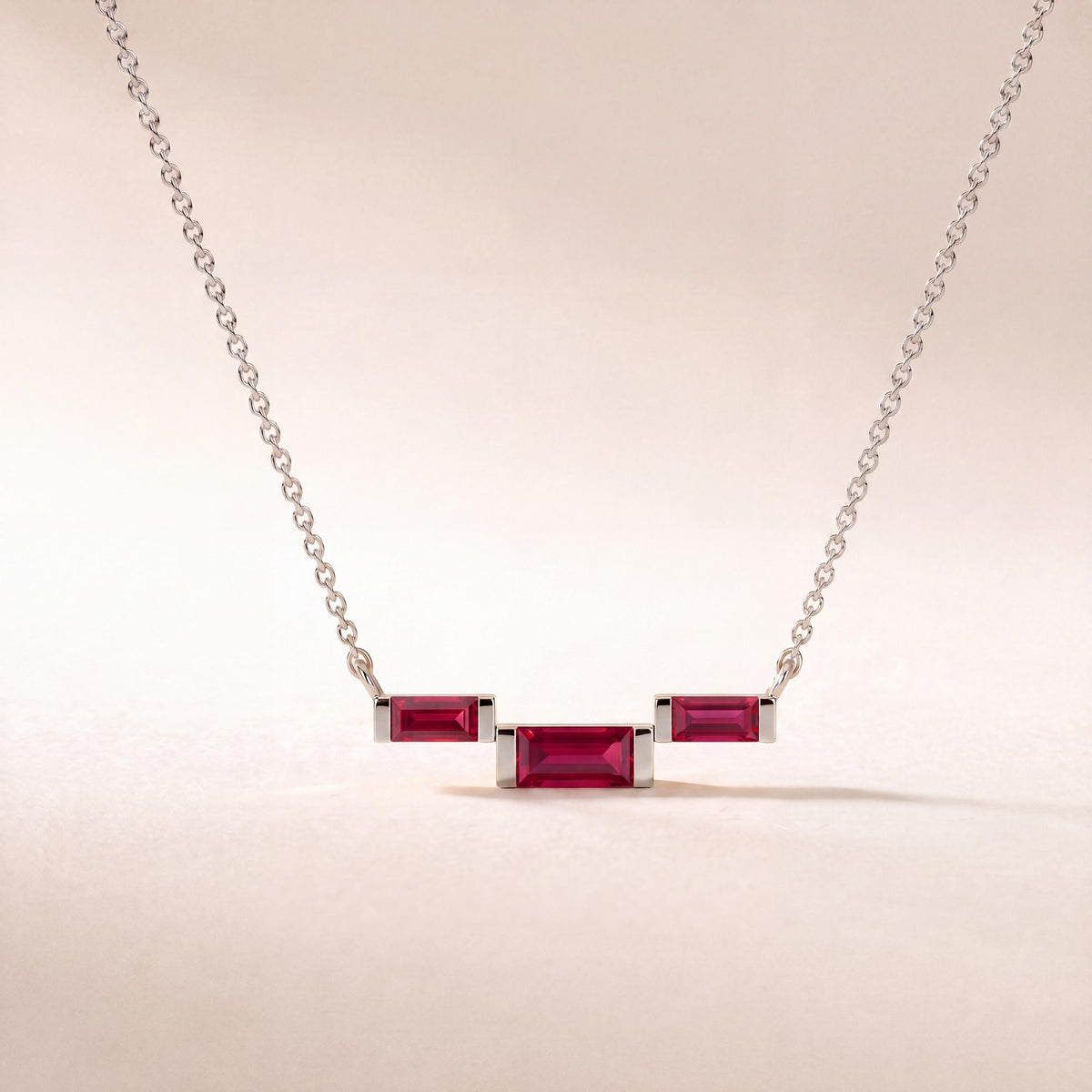 3 Stone Baguette Ruby Dainty Bar Set 14K Solid Gold Pendant Necklace