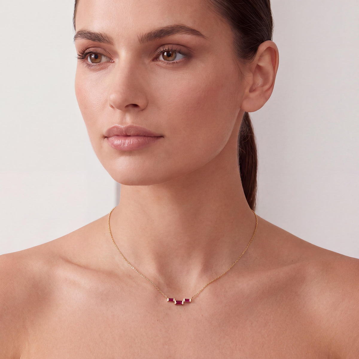 3 Stone Baguette Ruby Dainty Bar Set 14K Solid Gold Pendant Necklace
