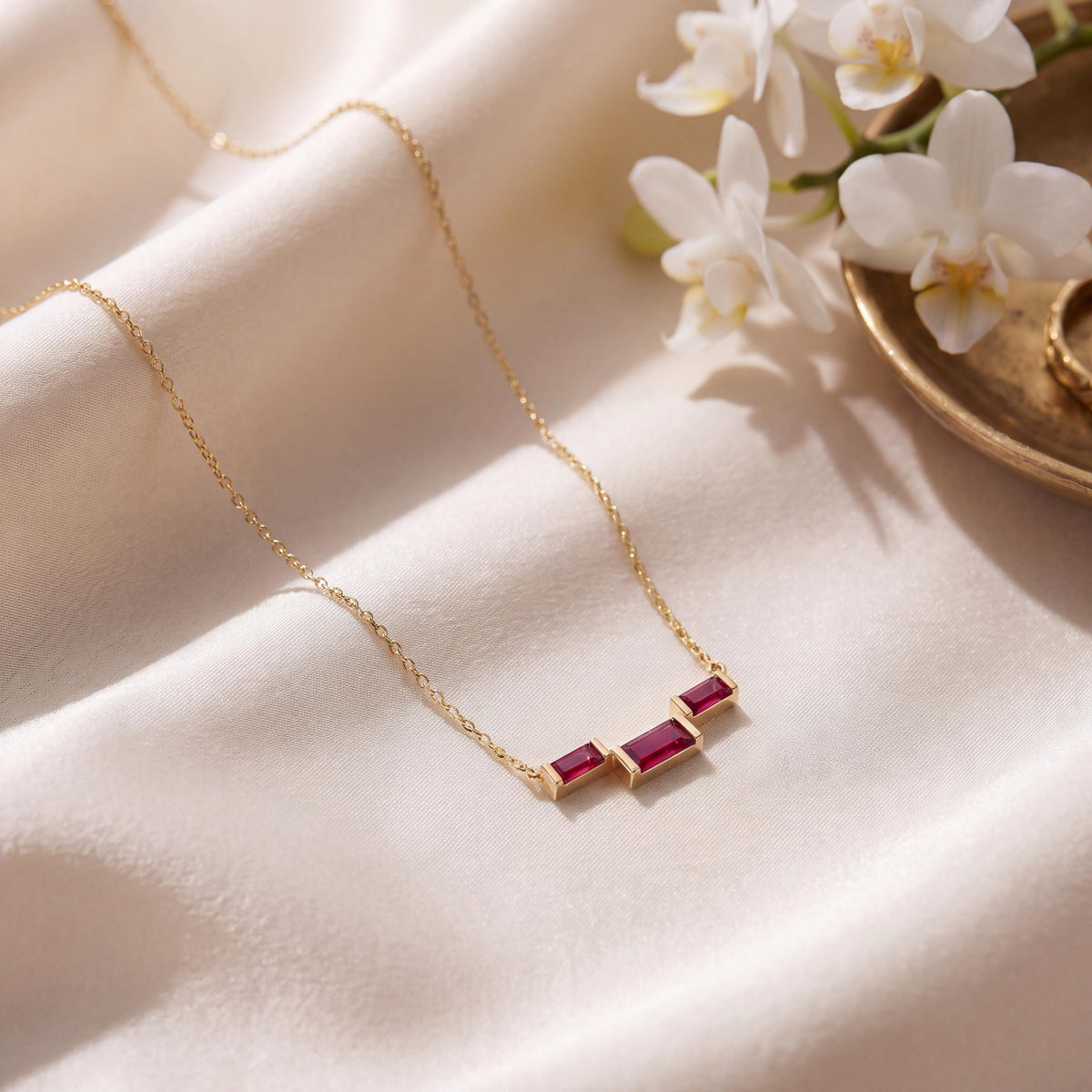 3 Stone Baguette Ruby Dainty Bar Set 14K Solid Gold Pendant Necklace