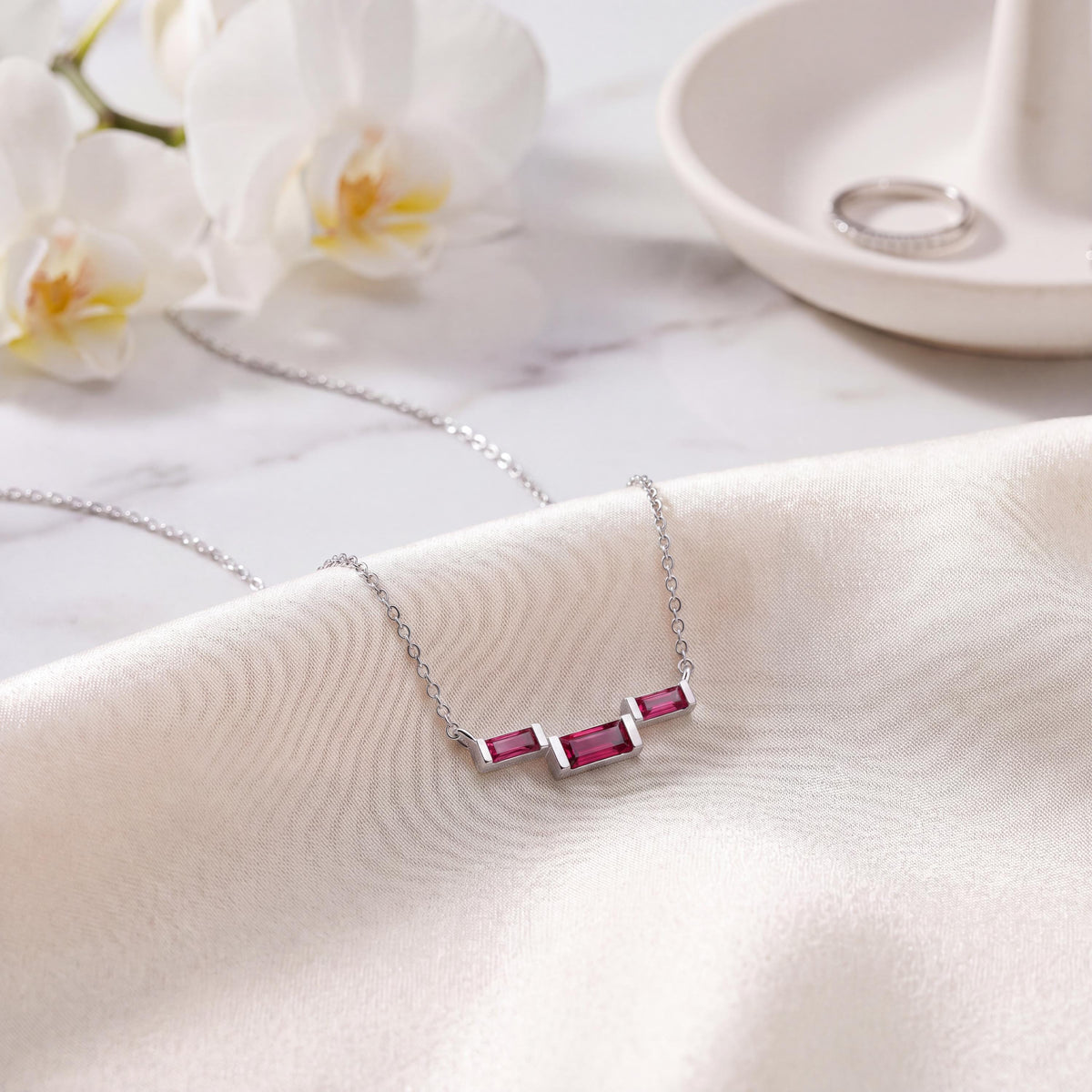 3 Stone Baguette Ruby Dainty Bar Set 14K Solid Gold Pendant Necklace
