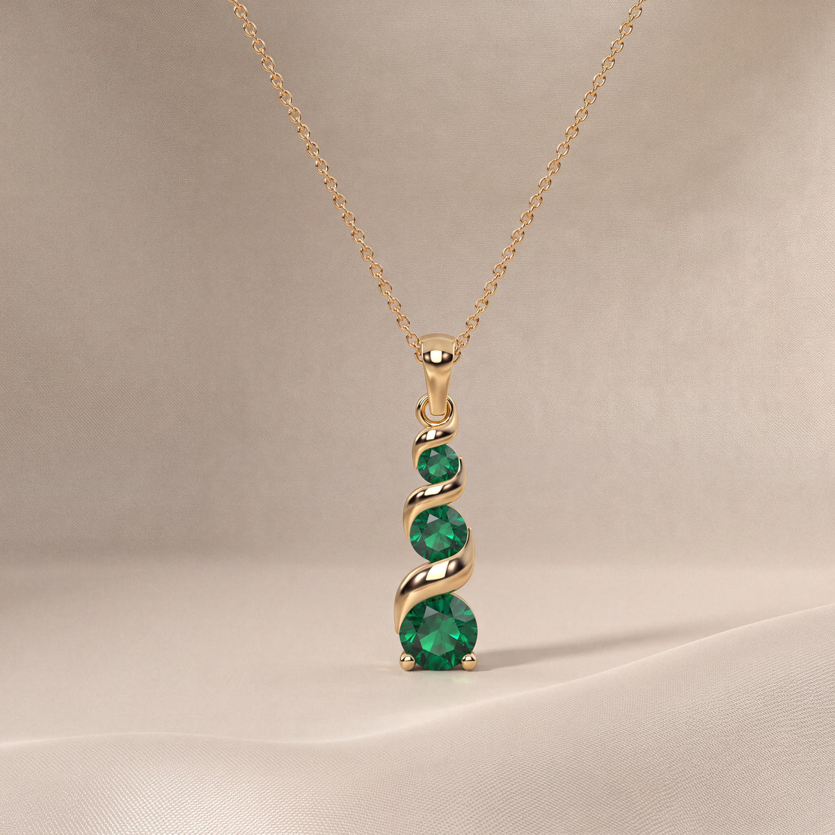 Round Emerald Three Stone Graduated Drop Necklace 14K Solid Gold Pendant