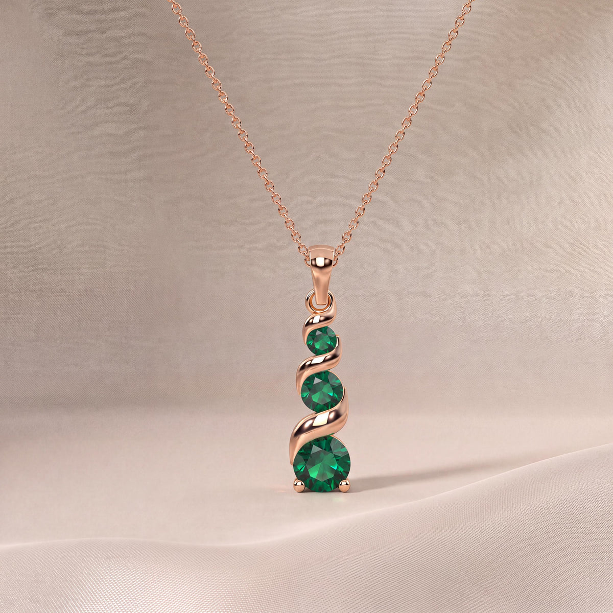 Round Emerald Three Stone Graduated Drop Necklace 14K Solid Gold Pendant