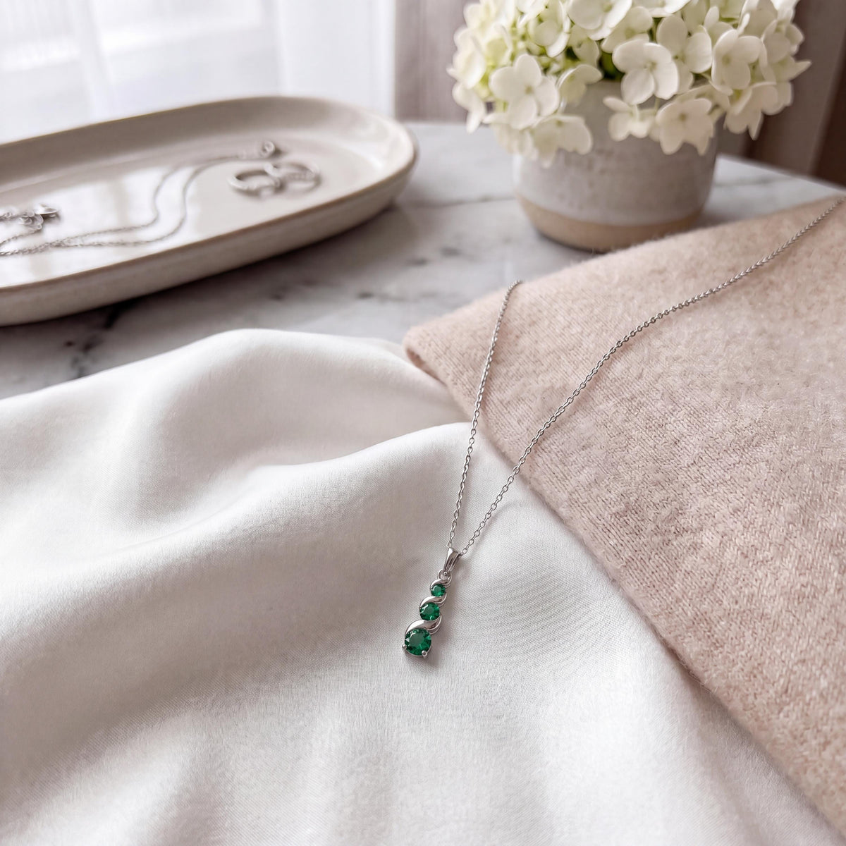 Round Emerald Three Stone Graduated Drop Necklace 14K Solid Gold Pendant