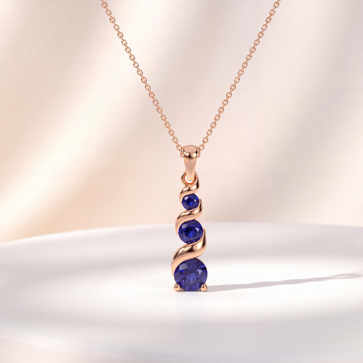 Round Sapphires Three Stone Graduated Drop Necklace 14K Solid Gold Pendant