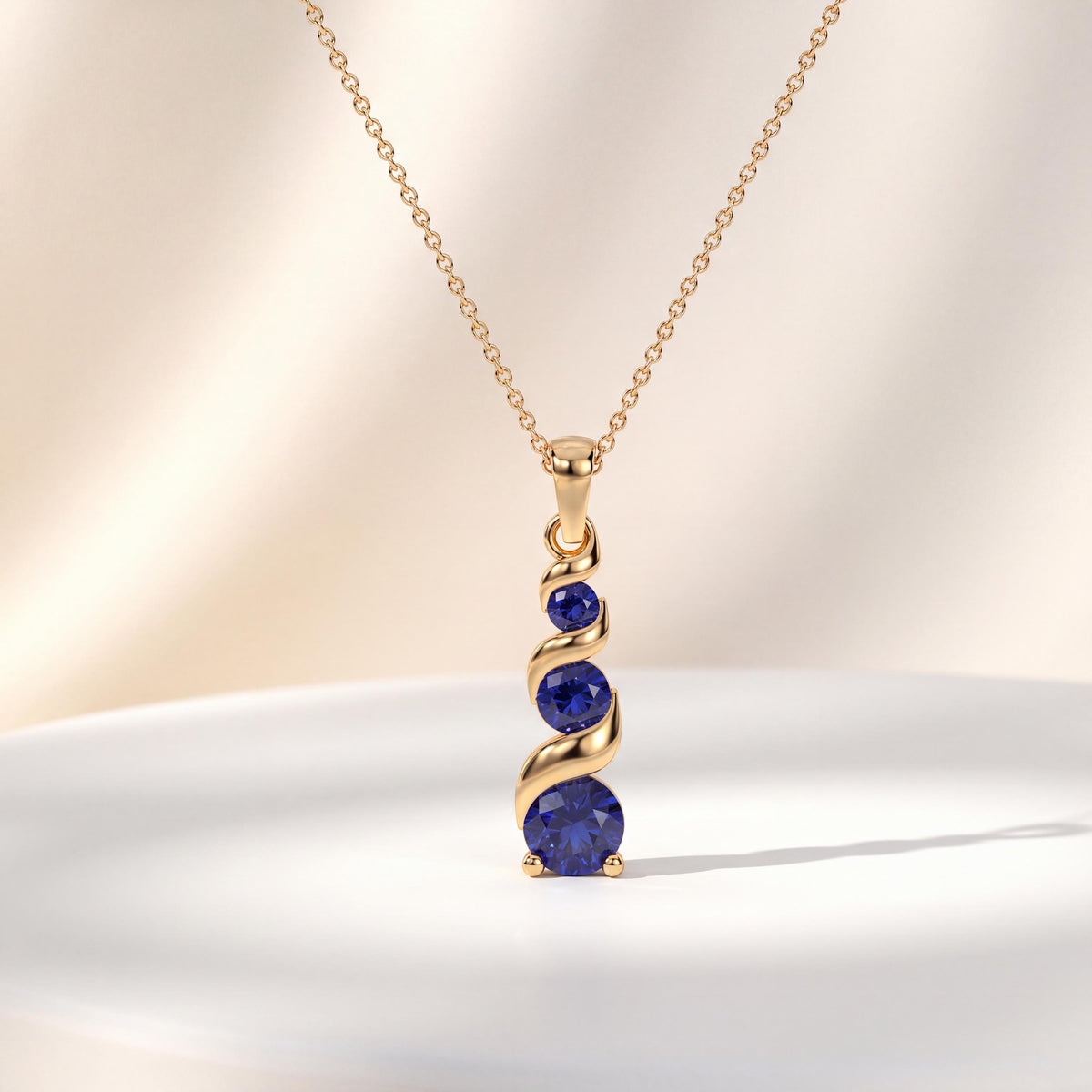 Round Sapphires Three Stone Graduated Drop Necklace 14K Solid Gold Pendant