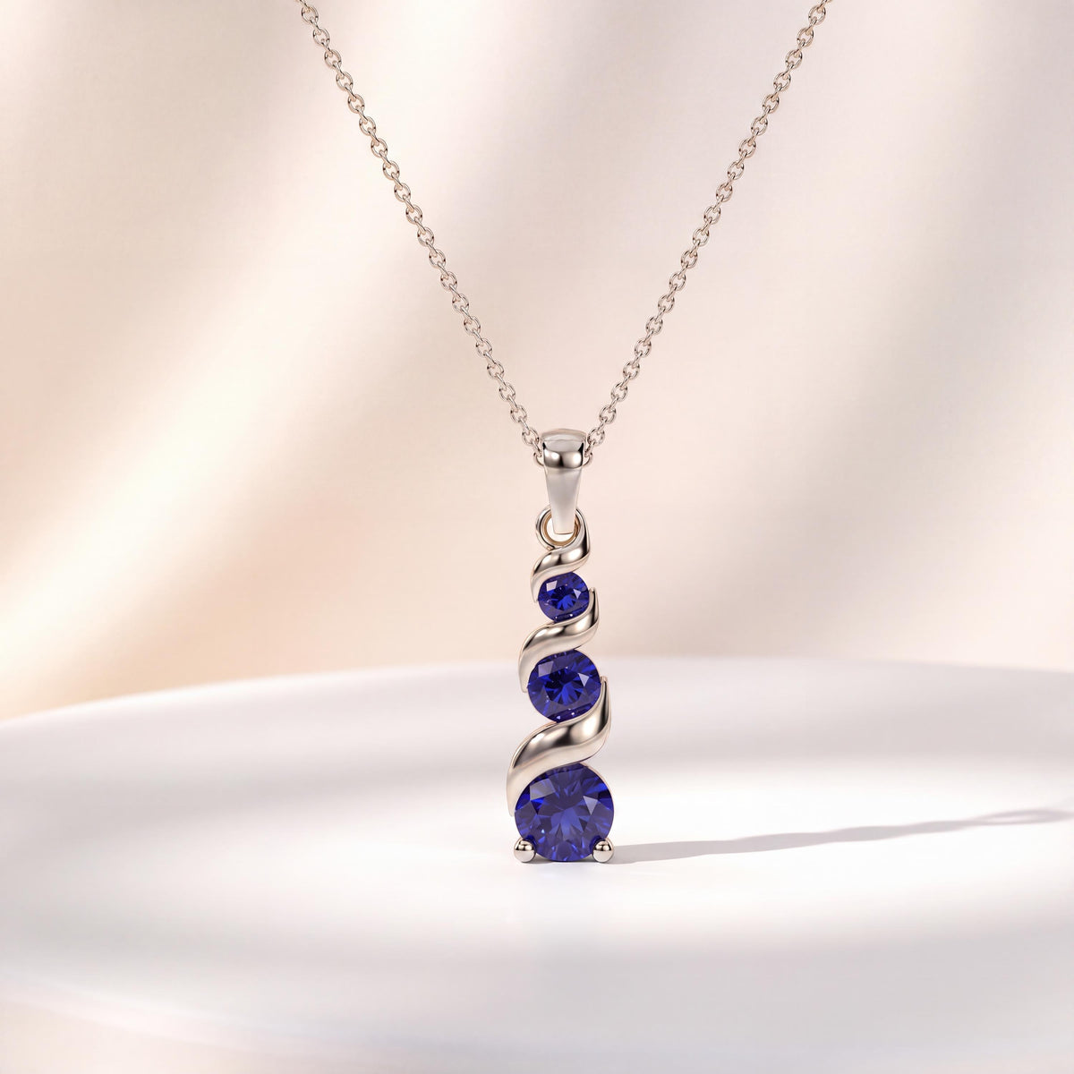 Round Sapphires Three Stone Graduated Drop Necklace 14K Solid Gold Pendant