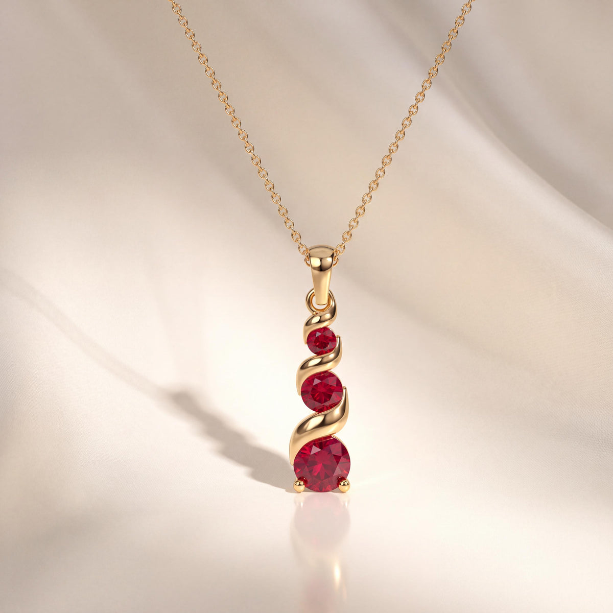 Round Ruby Three Stone Graduated Drop Necklace 14K Solid Gold Pendant
