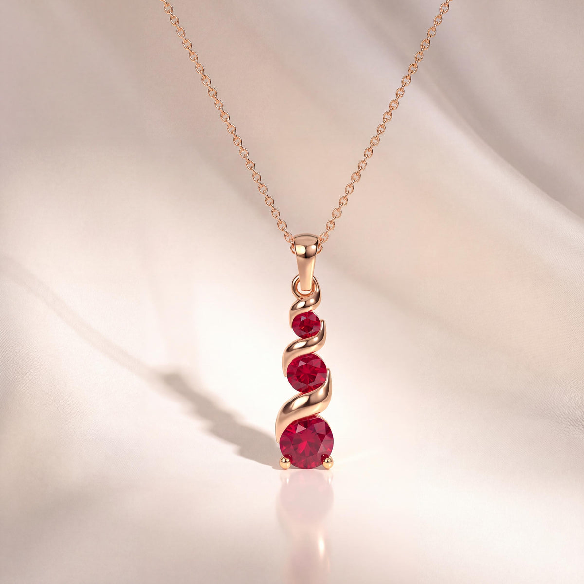 Round Ruby Three Stone Graduated Drop Necklace 14K Solid Gold Pendant