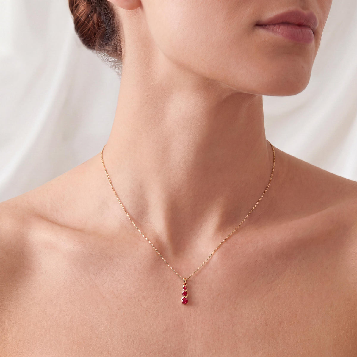 Round Ruby Three Stone Graduated Drop Necklace 14K Solid Gold Pendant
