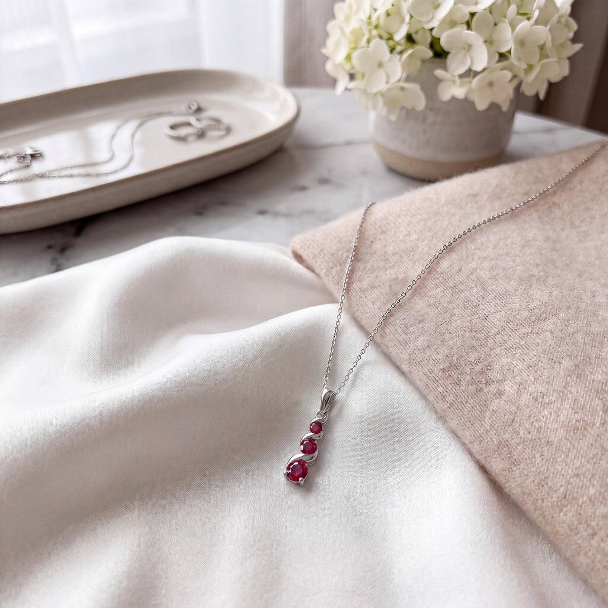 Round Ruby Three Stone Graduated Drop Necklace 14K Solid Gold Pendant
