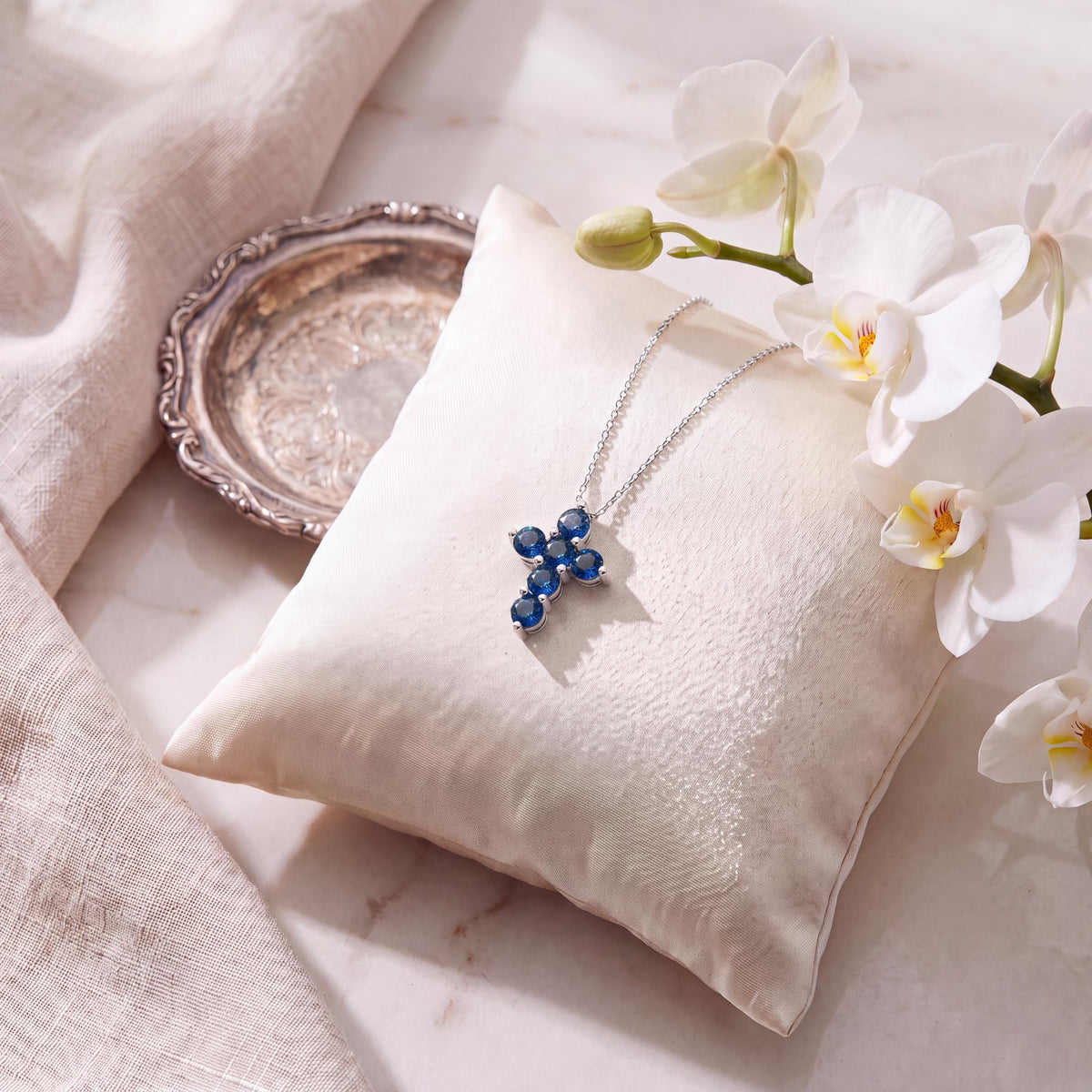 Round Sapphire Dainty Prong Set Cross 14K Solid Gold Pendant Necklace