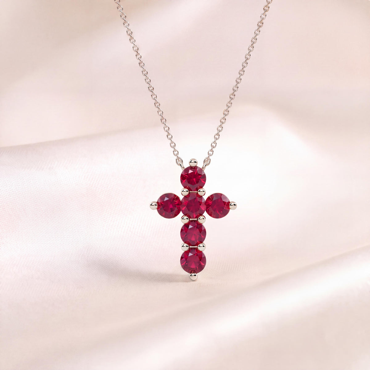 Round Ruby Dainty Prong Set Cross 14K Solid Gold Pendant Necklace
