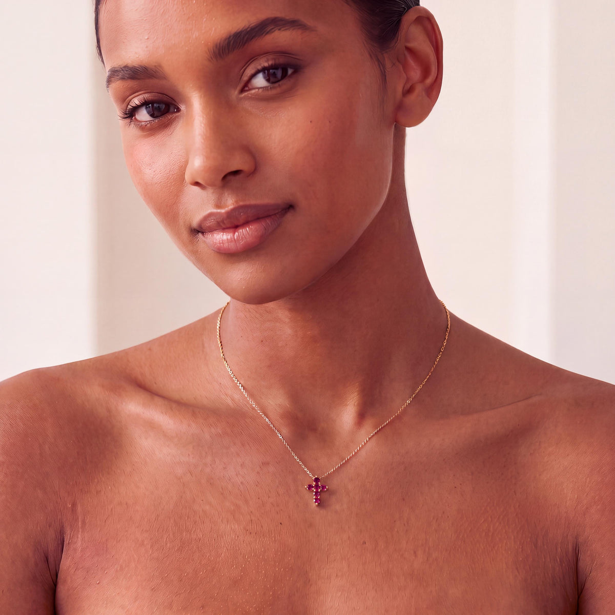 Round Ruby Dainty Prong Set Cross 14K Solid Gold Pendant Necklace