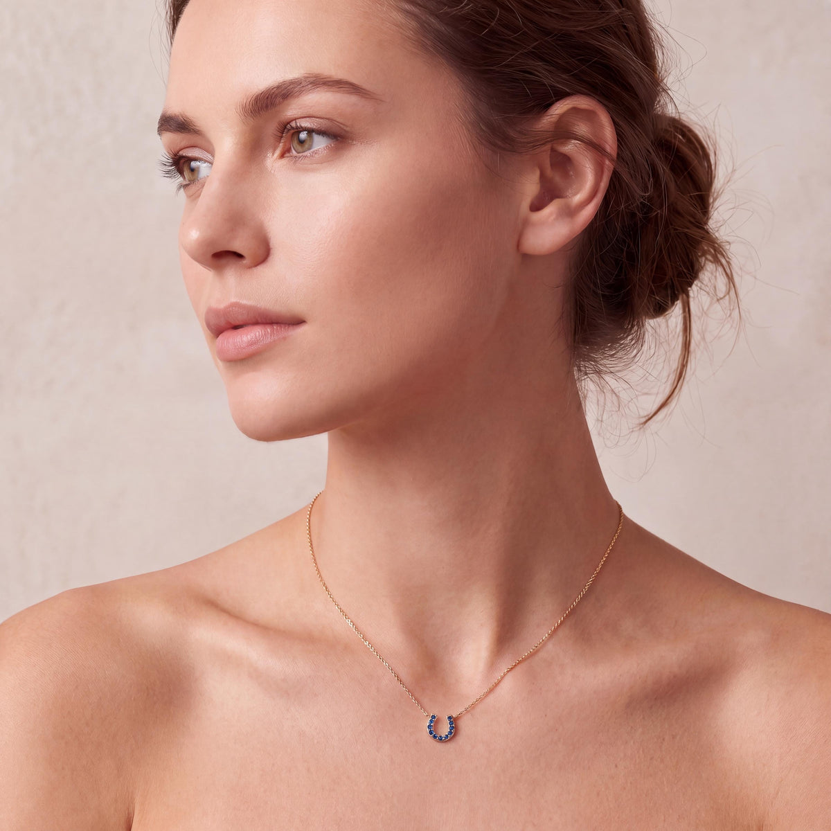 Round Sapphire Pave 14K Dainty Solid Gold Horseshoe Pendant Necklace