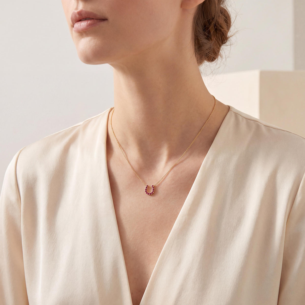 Round Ruby Pave 14K Dainty Solid Gold Horseshoe Pendant Necklace