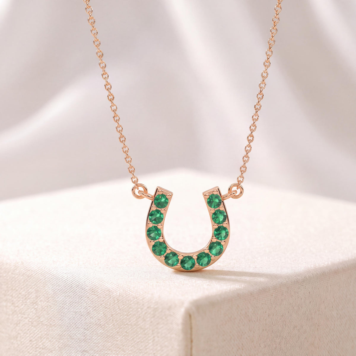 Round Emerald Pave 14K Dainty Solid Gold Horseshoe Pendant Necklace