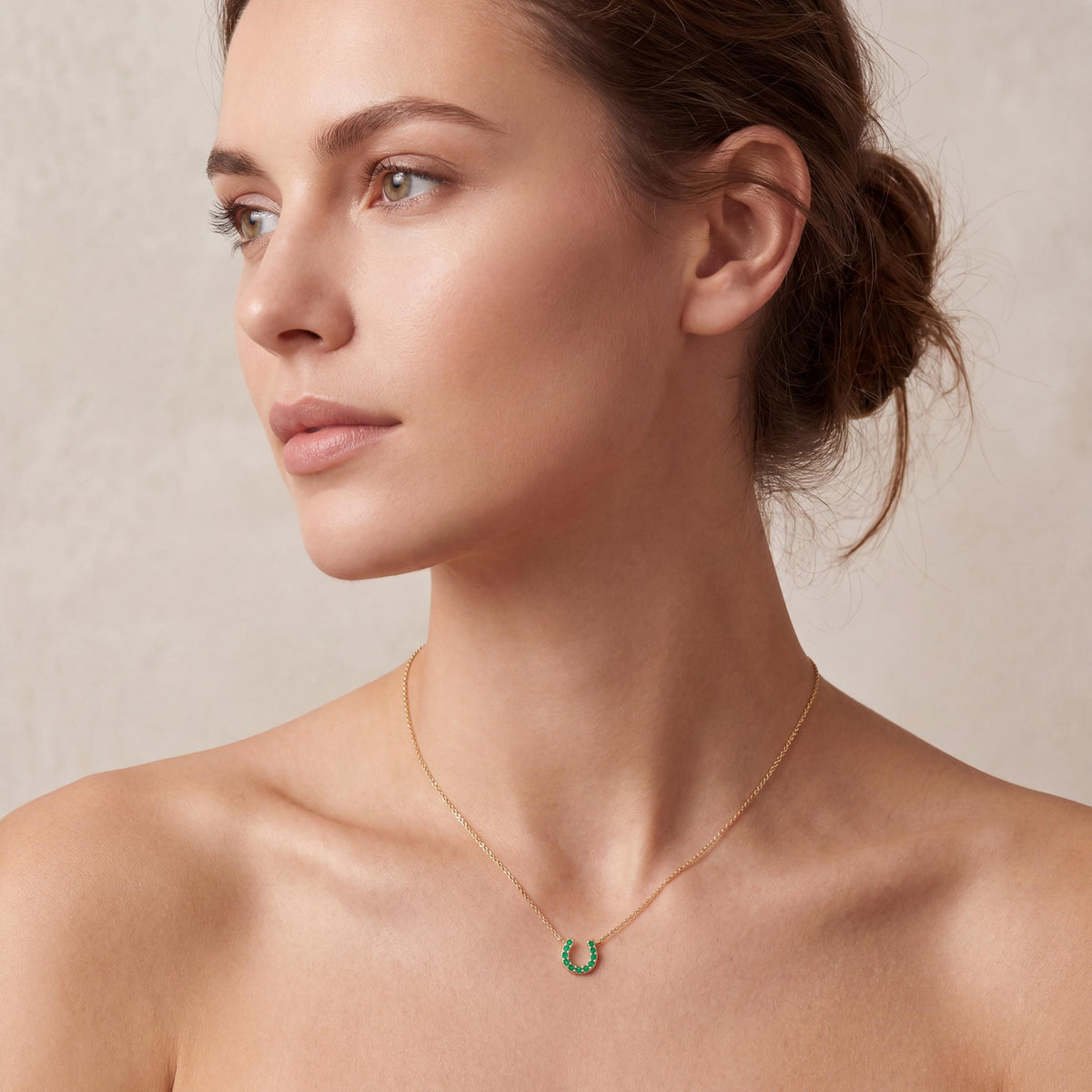 Round Emerald Pave 14K Dainty Solid Gold Horseshoe Pendant Necklace