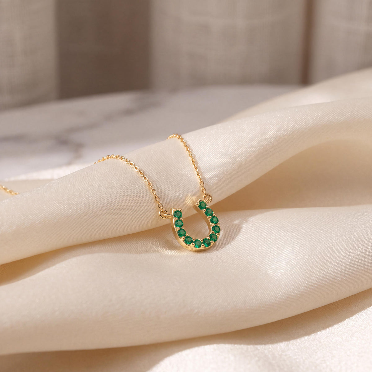 Round Emerald Pave 14K Dainty Solid Gold Horseshoe Pendant Necklace