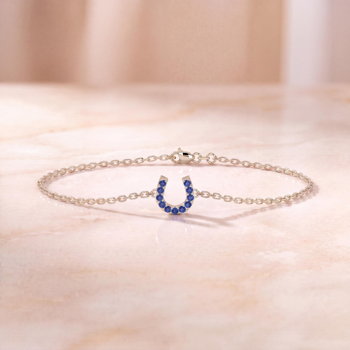 Round Sapphire Pave 14K Dainty Solid Gold Horseshoe Chain Link Bracelet