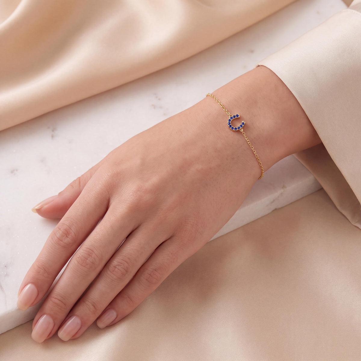 Round Sapphire Pave 14K Dainty Solid Gold Horseshoe Chain Link Bracelet