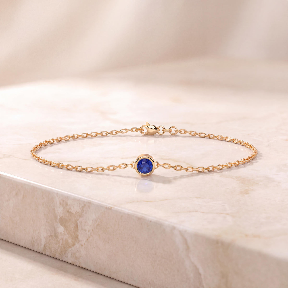 Round Brilliant Cut Sapphire Bezel Solitaire Chain Link Bracelet 14K Gold