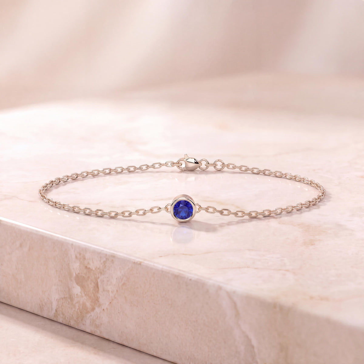 Round Brilliant Cut Sapphire Bezel Solitaire Chain Link Bracelet 14K Gold