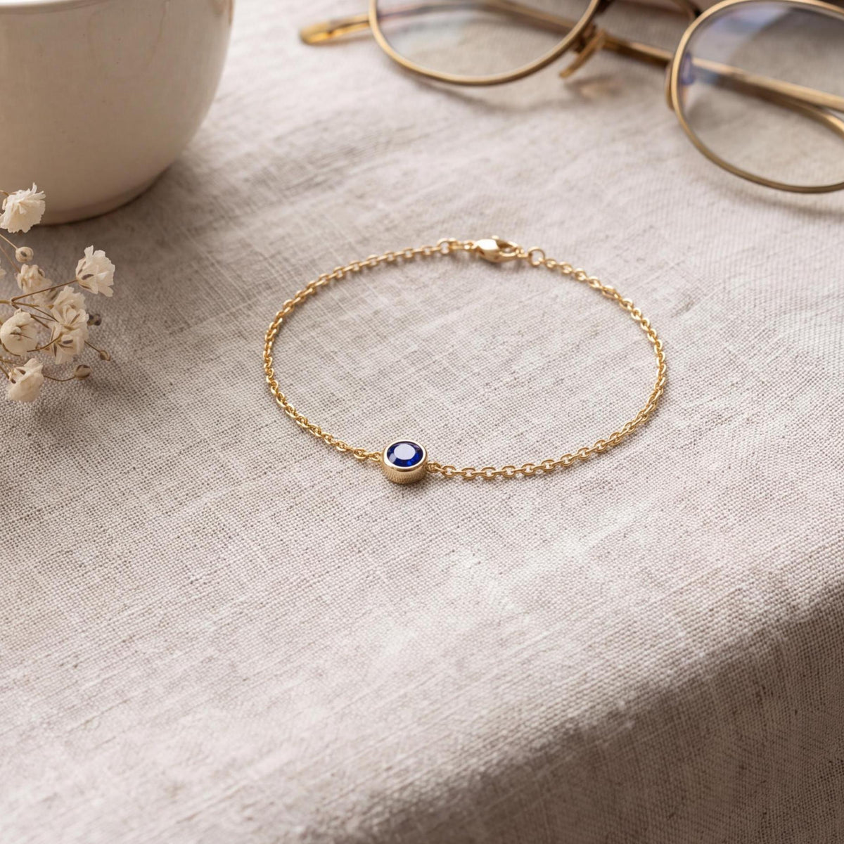 Round Brilliant Cut Sapphire Bezel Solitaire Chain Link Bracelet 14K Gold