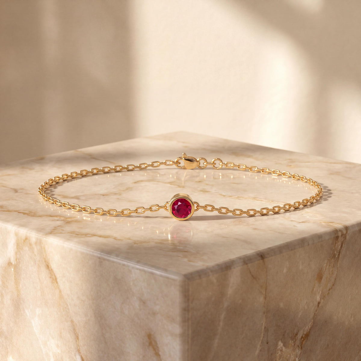 Round Brilliant Cut Ruby Bezel Solitaire Chain Link Bracelet 14K Gold