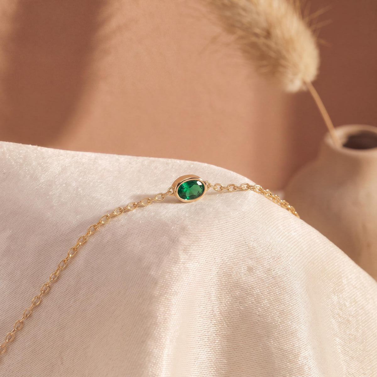 Oval Emerald Bezel Solitaire Chain Link Bracelet 14K Gold