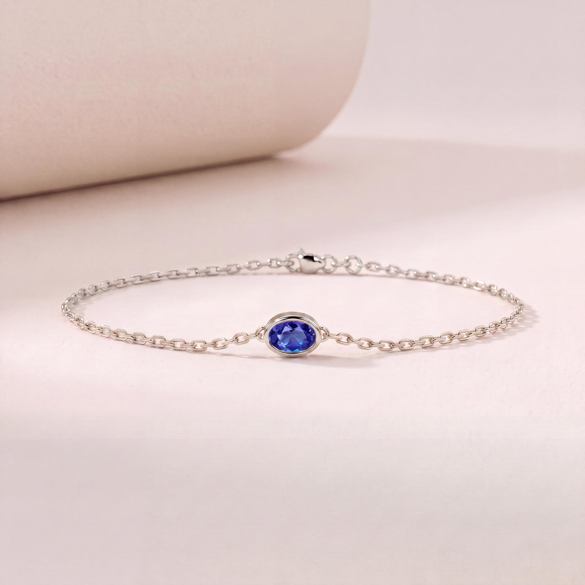 Oval Sapphire Bezel Solitaire Chain Link Bracelet 14K Gold