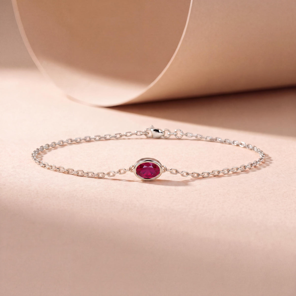 Oval Ruby Bezel Solitaire Chain Link Bracelet 14K Gold