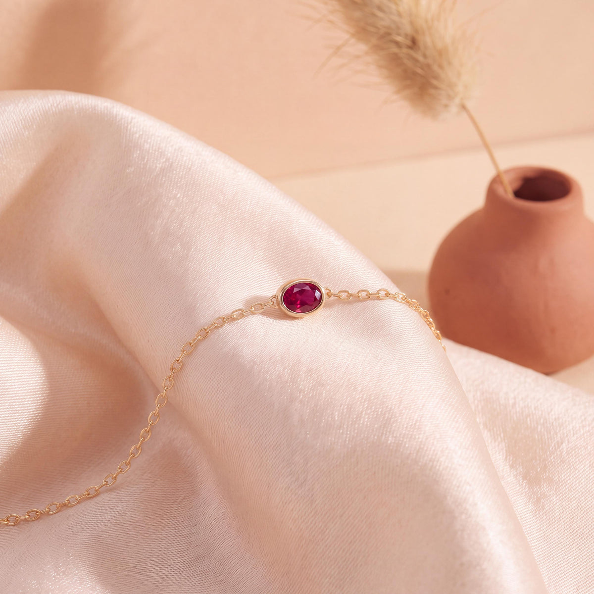 Oval Ruby Bezel Solitaire Chain Link Bracelet 14K Gold