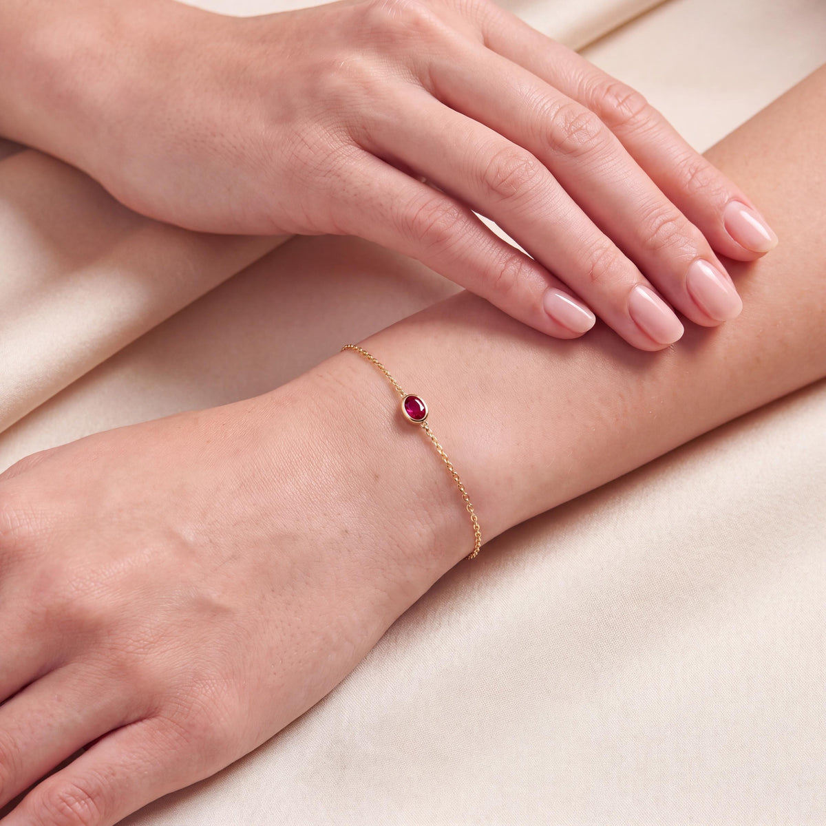 Oval Ruby Bezel Solitaire Chain Link Bracelet 14K Gold