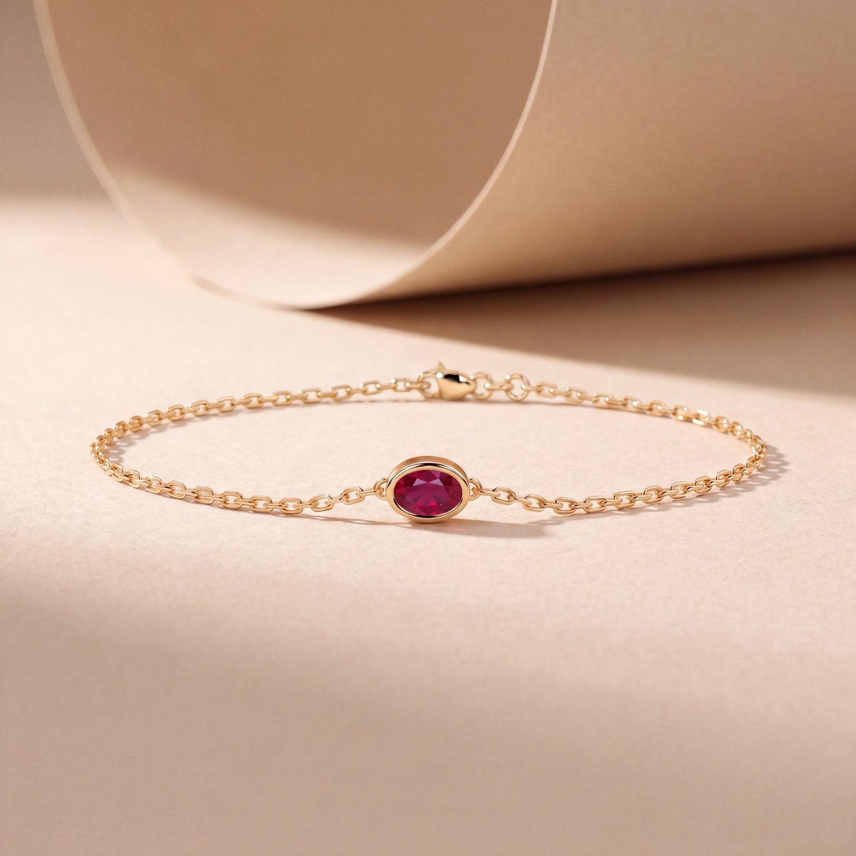 Oval Ruby Bezel Solitaire Chain Link Bracelet 14K Gold